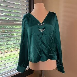 Rachel Zoe Green  Satin Blouse with Silver Bow Details